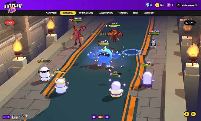 Gotchi Battler campaign battle with a squad facing enemy creatures